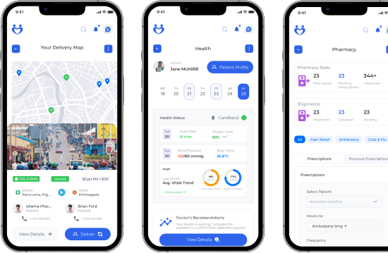 Agaciro Health mobile app screens showing patient dashboard