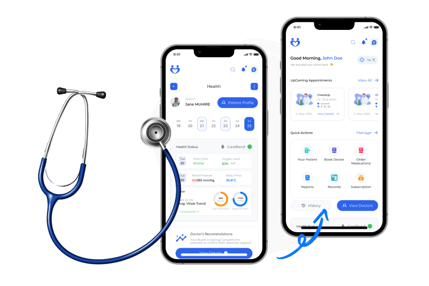 Agaciro Health mobile app showing patient dashboard with health monitoring, appointment scheduling, vital signs tracking, and quick access to medical services including booking doctors and ordering medications